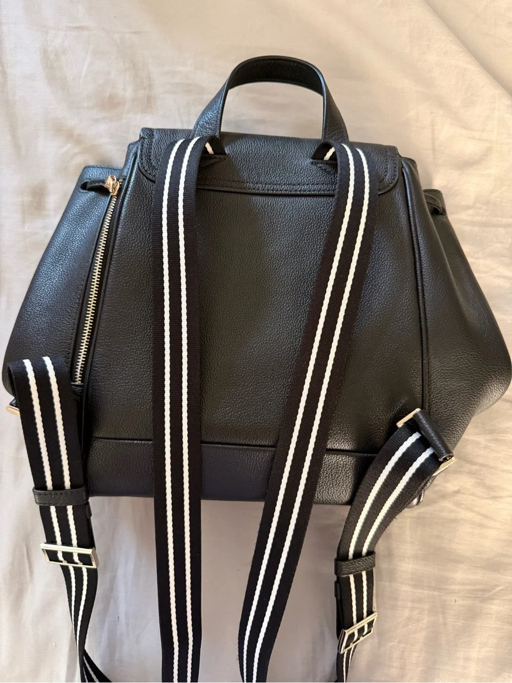 kate spade black leather pebbled drawstring backpack with striped straps